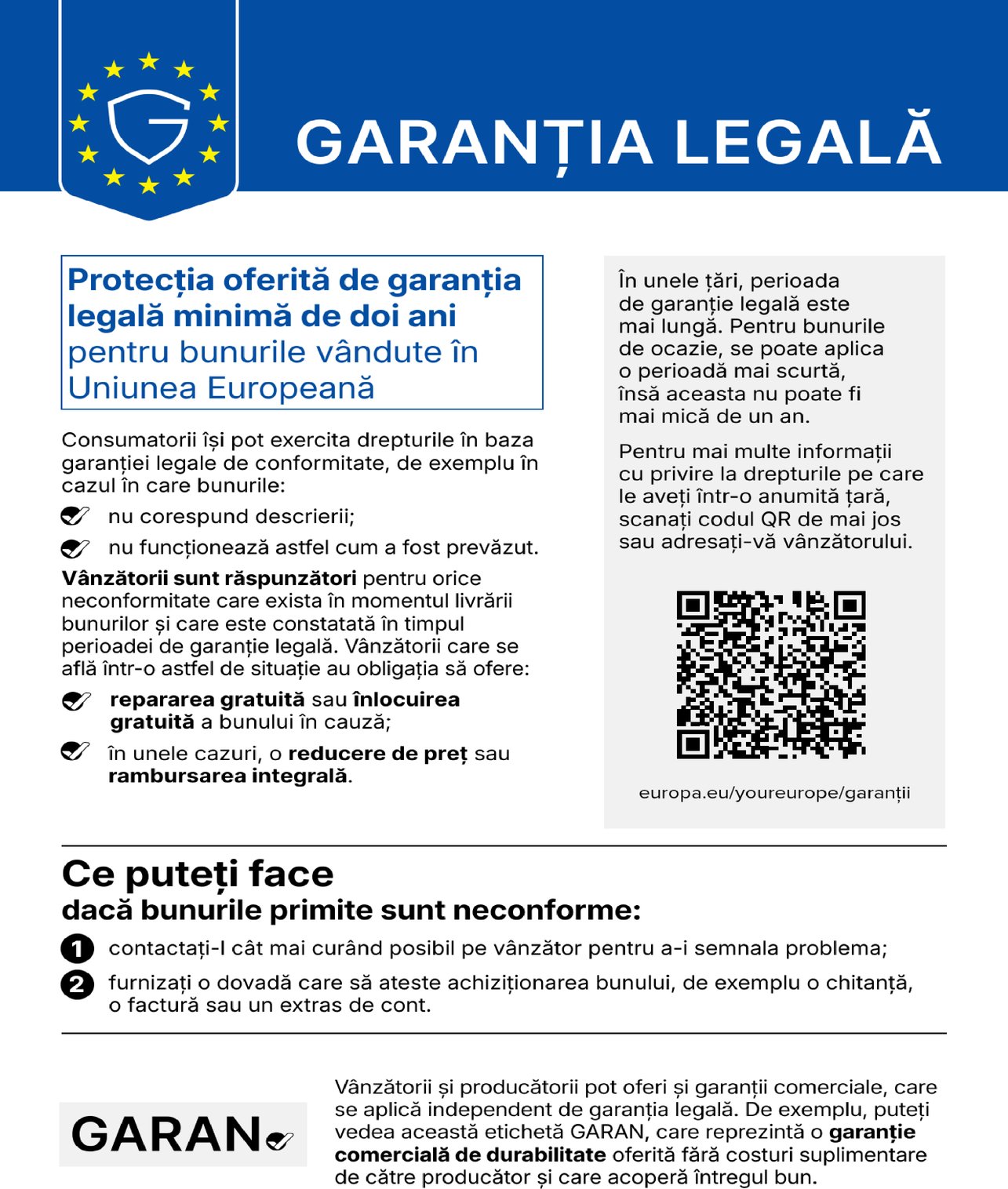 GARANȚIA LEGALĂ. Protecția oferită de garanția legală minimă de doi ani pentru bunurile vândute în Uniunea Europeană. Consumatorii își pot exercita drepturile în baza garanției legale de conformitate, de exemplu în cazul în care bunurile: nu corespund descrierii; nu funcționează astfel cum a fost prevăzut. Vânzătorii sunt răspunzători pentru orice neconformitate care exista în momentul livrării bunurilor și care este constatată în timpul perioadei de garanție legală. Vânzătorii care se află într-o astfel de situație au obligația să ofere: repararea gratuită sau înlocuirea gratuită a bunului în cauză; în unele cazuri, o reducere de preț sau rambursarea integrală. În unele țări, perioada de garanție legală este mai lungă. Pentru bunurile de ocazie, se poate aplica o perioadă mai scurtă, însă aceasta nu poate fi mai mică de un an. Pentru mai multe informații cu privire la drepturile pe care le aveți într-o anumită țară, scanați codul QR de mai jos sau adresați-vă vânzătorului. europa.eu/youreurope/garanții. Ce puteți face dacă bunurile primite sunt neconforme: 1. contactați-l cât mai curând posibil pe vânzător pentru a-i semnala problema; 2. furnizați o dovadă care să ateste achiziționarea bunului, de exemplu o chitanță, o factură sau un extras de cont. Vânzătorii și producătorii pot oferi și garanții comerciale, care se aplică independent de garanția legală. De exemplu, puteți vedea această etichetă GARAN, care reprezintă o garanție comercială de durabilitate oferită fără costuri suplimentare de către producător și care acoperă întregul bun.