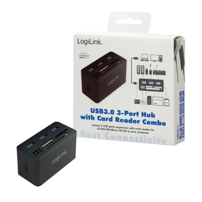 HUB extern LOGILINK, porturi USB: USB 3.0 x 3, conectare prin USB 3.0, alte porturi: SD, MicroSD, M2, MS Duo/Pro, CF, negru, "CR0042"  (timbru verde 0.8 lei)