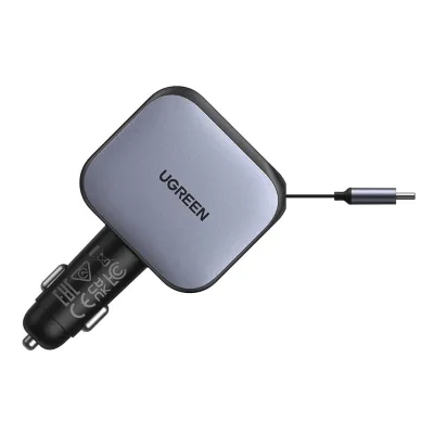 INCARCATOR auto Ugreen, "EC604" 1 x USB, 2 x USB Type-C, include cablu retractabil 0.7m USB Type-C, total output 145W, pt. bricheta auto, gri "55910B" (timbru verde 0.8 lei)
