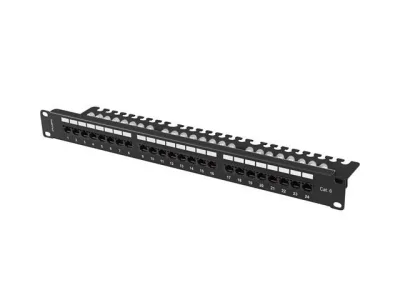 Patch panel 24 porturi 1U 19" Cat.6 UTP cu organizator cabluri, negru