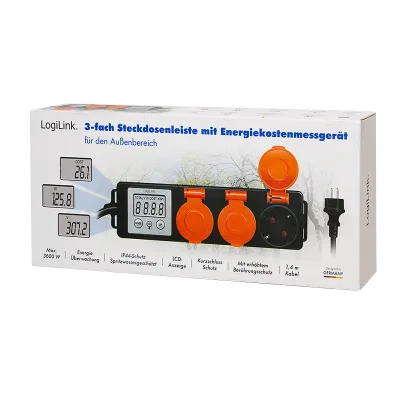 PRELUNGITOR LOGILINK, Schuko x 3, cablu 3G 1.5mm2, 230 V/16 A, 50 Hz, max. 3500 W, contor cost energetic, LCD, 3 butoane operare, IP44, de exterior, 1.4m, negru-portocaliu, "EM0008" (timbru verde 0.8 lei)