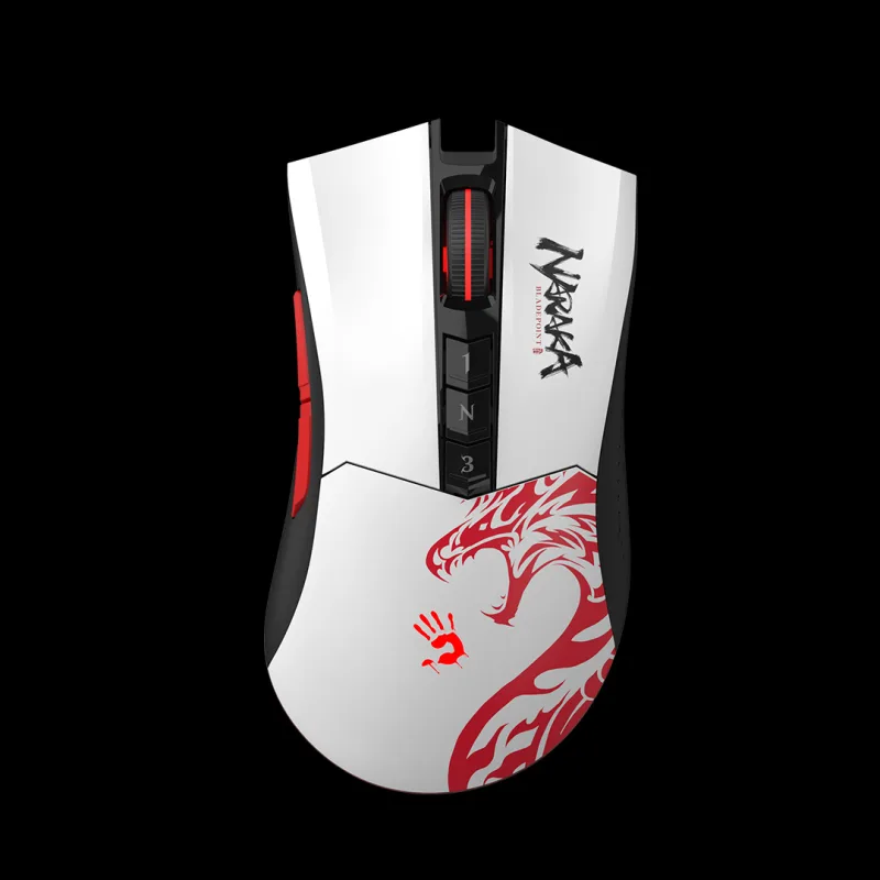 MOUSE A4tech - gaming, "Bloody co-branded Naraka", wireless, 2.4GHz, optic, 5000 cpi, butoane/scroll 8/1, alb, "R90 Plus" (include TV 0.18lei)
