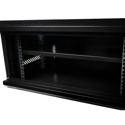 CABINET 19″ SPACER 6U 500x400mm, fixare pe perete, Flatpack (dezasamblat), Black, usa sticla cu blocare, panouri detasabile, otel 1mm, sarcina maxima 25Kg