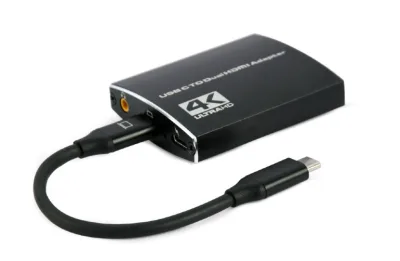 CABLU video GEMBIRD, adaptor USB 3.1 Type-C (T) la 2 x HDMI (M), 15cm, rezolutie maxima 4K UHD (3840 x 2160) la 30 Hz, iesire audio 3.5mm, negru, "A-CM-HDMIF2-01" (timbru verde 0.08 lei)