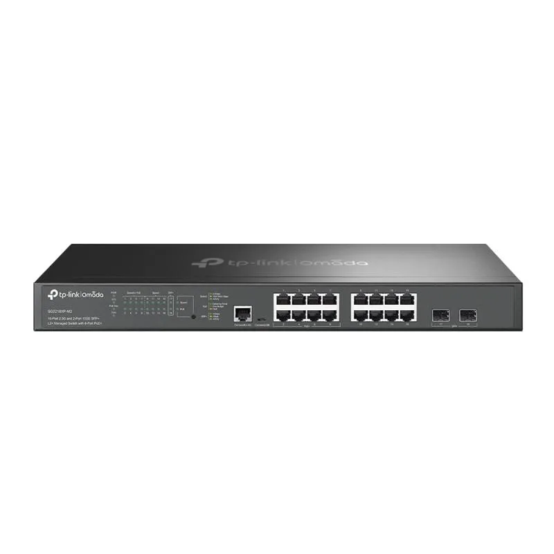 Omada 16-Port 2.5GBASE-T and 2-Port 10GE SFP+ L2+ Managed Switch with 8- Port PoE+ PORT: 8× 2.5G PoE+ Ports, 8× 2.5G Non-PoE Ports, 2× 10G SFP+ Slots, RJ45/Micro-USB Console Port SPEC: 802.3at/af, 240 W PoE Power, 1U 19-inch Rack-mountable Steel Case