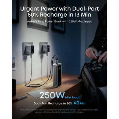 POWER BANK Anker "Prime" 26.250 mAh, 300W PowerIQ 4.0, 2 x USB-C, 1 x USB-A, afisaj LED, conectare Bluetooth, control prin app, 600, gri, "A110AH11" (timbru verde 0.98 lei) - 194644239299