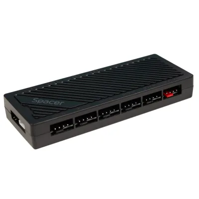 FAN HUB SPACER pt. maxim 6 ventilatoare ARGB, telecomanda pt. setat iluminarea RGB, sincronizare cu MB, alimentare 4-pin/  culori 3-pin, magnetic, black, "SPFC-ARGB-BK-6F " (timbru verde 0.18 lei)