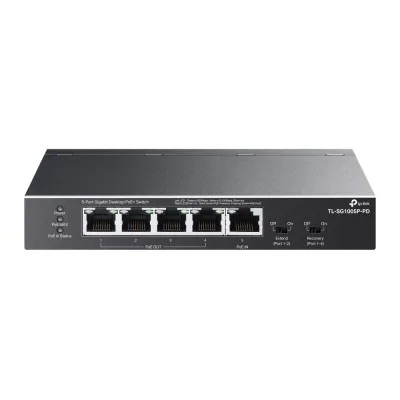 SWITCH PoE TP-LINK, 5 porturi Gigabit (1-Port PoE++ in si 4 PoE+ out), IEEE 802.3at/af, buget PoE 66W maxim, carcasa metalica "TL-SG1005P-PD" (timbru verde 2 lei)
