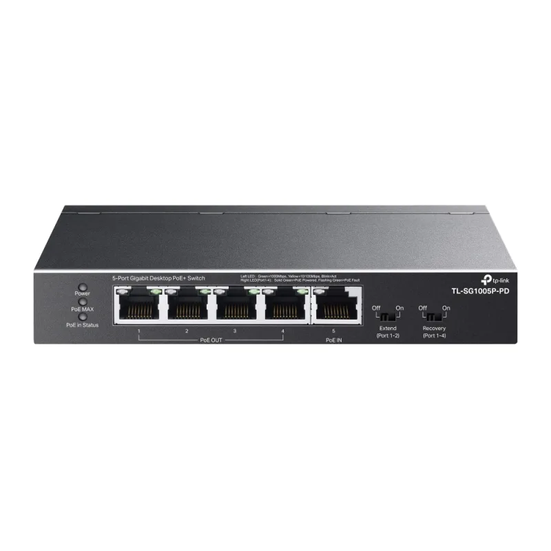 SWITCH PoE TP-LINK, 5 porturi Gigabit (1-Port PoE++ in si 4 PoE+ out), IEEE 802.3at/af, buget PoE 66W maxim, carcasa metalica "TL-SG1005P-PD" (timbru verde 2 lei)