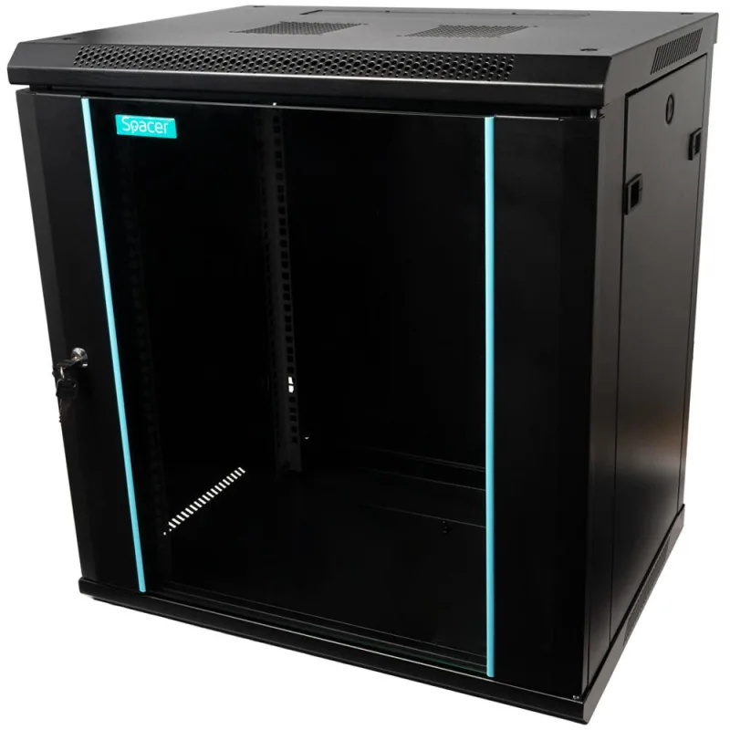 CABINET 19″ SPACER 12U 600x450mm, fixare pe perete, Flatpack (dezasamblat), Black, usa sticla cu blocare, panouri detasabile, otel 1.5mm, sarcina maxima 60Kg