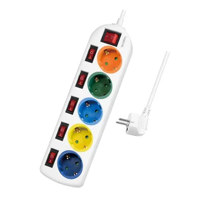 PRELUNGITOR LOGILINK, Schuko x 5, conectare prin Schuko (T), cablu 1.5 m, 16 A, protectie copii, alb/ multicolor, "LPS258" (timbru verde 0.18 lei)