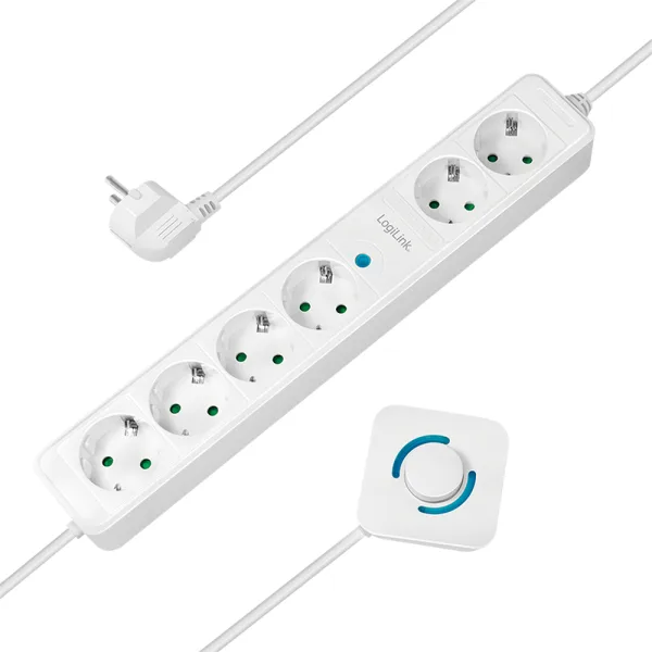 PRELUNGITOR LOGILINK, Schuko x 6, cablu 3G 1.5mm2, 230 V/16 A, 50 Hz, max. 3500 W, ON/OFF de picior pt. 4 prize, 1.5m, alb, "LPS271" (timbru verde 0.8 lei)