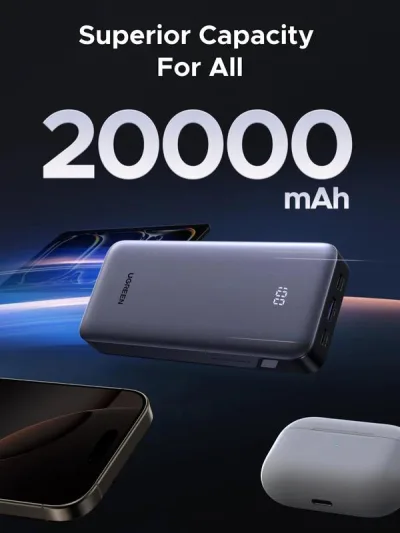 POWER BANK Ugreen, "PB532", 20000mAh, 30W, 2 x USB Type-C input/output, 1 x USB, display, gri, "55989B" (timbru verde 0.98 lei)