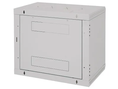 Rack de perete Triton sectiune simpla 12U 600mm adancime usa sticla panouri laterale fixe, sectiuni acces cabluri sus/jos/spate securizare cu cheie, 1 pereche montanti reglabili IP30 gri
