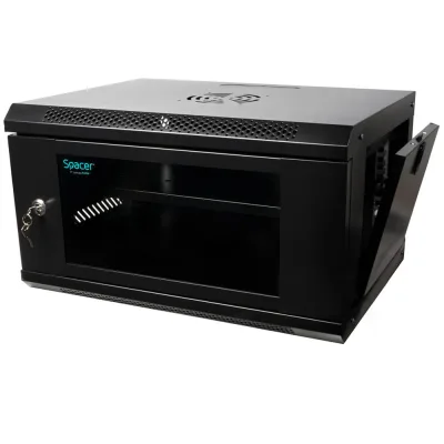 CABINET 19″ SPACER 6U 500x400mm, fixare pe perete, Flatpack (dezasamblat), Black, usa sticla cu blocare, panouri detasabile, otel 1mm, sarcina maxima 25Kg