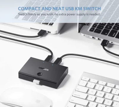 SWITCH USB SHARING Ugreen, "30345" porturi USB: USB-B x 2, conectare prin USB 2.0, cablu 1.5m inclus, buton comutare PC, LED, plastic, negru, "30345" (timbru verde 0.08 lei) - 6957303833450