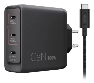 Incarcator Lenovo Multi-port USB-C 100W GaN; Charging Port: USB-C1; USB- C2; USB-C3; Dimensiuni: 70 mmx 30.5 mm x 70 mm; Greutate: 0.24 kg; Included Accesorry: 1 x EU Charger; 1 x 1.8m USB-C Cable; 1 x Warranty; 1 x User Guide; Warranty: 1 year
