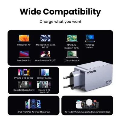 INCARCATOR retea Ugreen, Nexode "X757" Quick Charge 100W GaN, 1 x USB, 2 x USB Tpe-C, include cablu USB Type-C la USB Type-C 240W 1.5 m, gri "25874" (timbru verde 0.18 lei) - 6941876228744