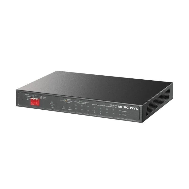 Switch desktop Mercusys 8× 10/100/1000 Mbps PoE+ Ports, 2× 1000 Mbps RJ45 Ports, AUTO Negotiation, AUTO MDI/MDIX, 10BASE-T: UTP category 3, 4, 5 cable (maximum 100m), EIA/TIA-568 100Ω STP (maximum 100m), • EIA/TIA-568 100Ω STP (maximum 100m),