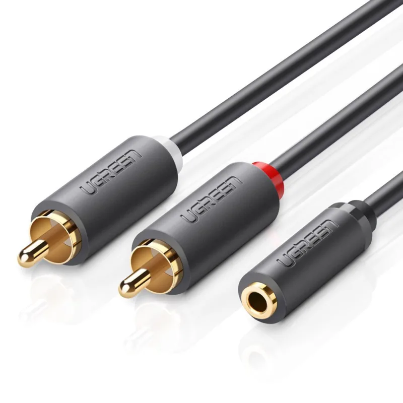 CABLU audio Ugreen, "AV102" stereo 3.5 mm jack (M) la 2 x RCA (T), 0.25m, conectori auriti, gri "10561" (timbru verde 0.18 lei) - 6957303815616
