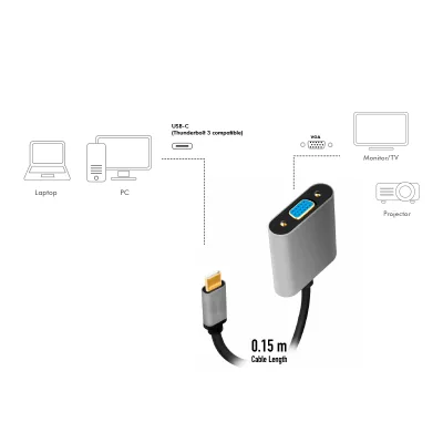 ADAPTOR video LOGILINK, adaptor USB-C (T) la VGA (M), 0.15m, conectori auriti, rezolutie maxima Full HD (2048 x 1536), aluminiu, dublu ecranaj, negru-gri, "CUA0104" (timbru verde 0.18 lei)