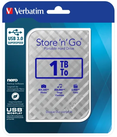 HDD.  Externe Verbatim   HDD 2.5 1TB USB 3.0 SIL, "53197"  (timbru verde 0.8 lei)
