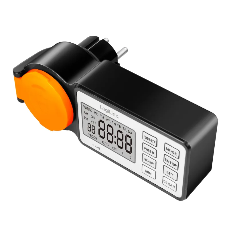 PRELUNGITOR LOGILINK, Schuko x 1, 230 V/16 A, 50 Hz, max. 3500 W, timer, LCD, 8 butoane operare, IP44, de exterior, negru-portocaliu, "ET0016" (timbru verde 0.18 lei)