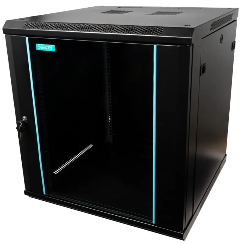 CABINET 19″ SPACER 12U 600x600mm, fixare pe perete, Flatpack (dezasamblat), Black, usa sticla cu blocare, panouri detasabile, otel 1.5mm, sarcina maxima 60Kg