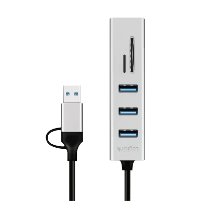 HUB extern LOGILINK, porturi USB: USB 3.0 x 3, conectare prin USB-C 3.0, adaptor conectare USB-A, SD/SDHC + microSD, metal, argintiu, "UA0445" (timbru verde 0.8 lei)