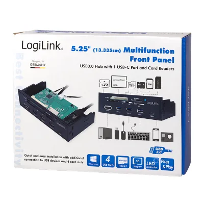 HUB intern LOGILINK, porturi USB: USB 3.0 x 3, USB Type C,conectare prin USB 2.0, S-ATA, alte porturi: SD, MicroSD, M2, MS, XD, CF, eSATA, negru, for 5.25" bay, black "UA0341"  (timbru verde 0.8 lei)