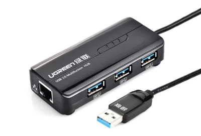ADAPTOR RETEA Ugreen, "20265" extern, USB 3.0 (T) la port Gigabit RJ-45, porturi USB: USB 3.0 x 3, LED, negru "20265" (timbru verde 0.18 lei) - 6957303822652