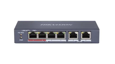 Switch PoE Hikvision DS-3E0106P-E/M(B): 4 x 10/100Mbps PoE port, and 2 × 10/100Mbps RJ45 port, 4 porturi PoE maxim 30W, buget PoE 35W, tensiune alimentare 48 VDC, 0.8 A, dimensiuni: 145 mm × 68.45 mm × 25.6 mm, greutate: 0.27kg, montare pe birou sau pe