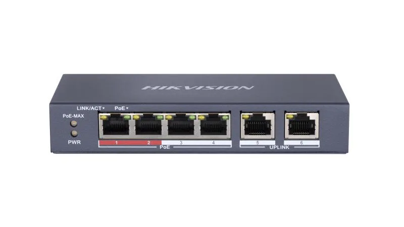 Switch PoE Hikvision DS-3E0106P-E/M(B): 4 x 10/100Mbps PoE port, and 2 × 10/100Mbps RJ45 port, 4 porturi PoE maxim 30W, buget PoE 35W, tensiune alimentare 48 VDC, 0.8 A, dimensiuni: 145 mm × 68.45 mm × 25.6 mm, greutate: 0.27kg, montare pe birou sau pe