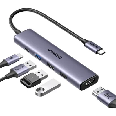 DOCKING Station Ugreen, "CM478" conectare PC USB Type-C, USB 3.0 x 1|USB 2.0 x 2|HDMI x 1/4K/30Hz|USB Type C x 1 PD 100W, aluminiu, gri "15495" (timbru verde 0.8 lei) -6941876214952