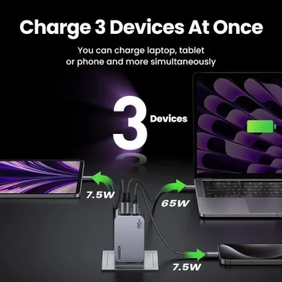 INCARCATOR retea Ugreen, Nexode "X757" Quick Charge 100W GaN, 1 x USB, 2 x USB Tpe-C, include cablu USB Type-C la USB Type-C 240W 1.5 m, gri "25874" (timbru verde 0.18 lei) - 6941876228744