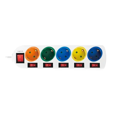 PRELUNGITOR LOGILINK, Schuko x 5, conectare prin Schuko (T), cablu 1.5 m, 16 A, protectie copii, alb/ multicolor, "LPS258" (timbru verde 0.18 lei)