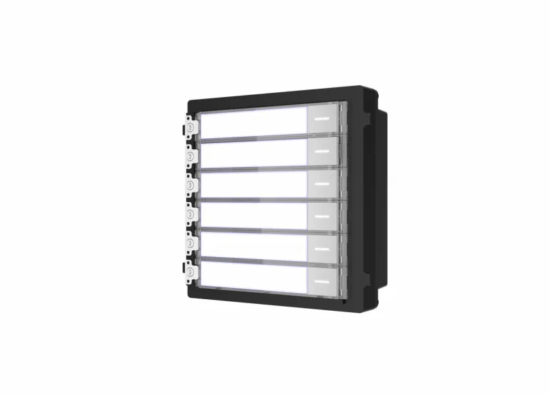 Modul de extensie videinterfon cu sase butoane de apelare Hikvision DS-KD-KK; montaj aplicat sau ingropat (acesoriile de montaj nu s untincluse), customizare afisare nume; iluminare pe timp de noapte;Conectare RS-485, 1 x Input; 1 x Output; Protectie: