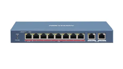 Switch 8 porturi PoE Hikvision DS-3E1310HP-EI prezinta 1 × 10/100 Mbps Hi-PoE port, 7 × 10/100 Mbps PoE ports, and 2 × 10/100/1000 Mbps RJ45 ports, Up to 300 m Long Range PoE Transmission,IEEE 802.3bt standard Hi- PoE port provides max. 90 W power