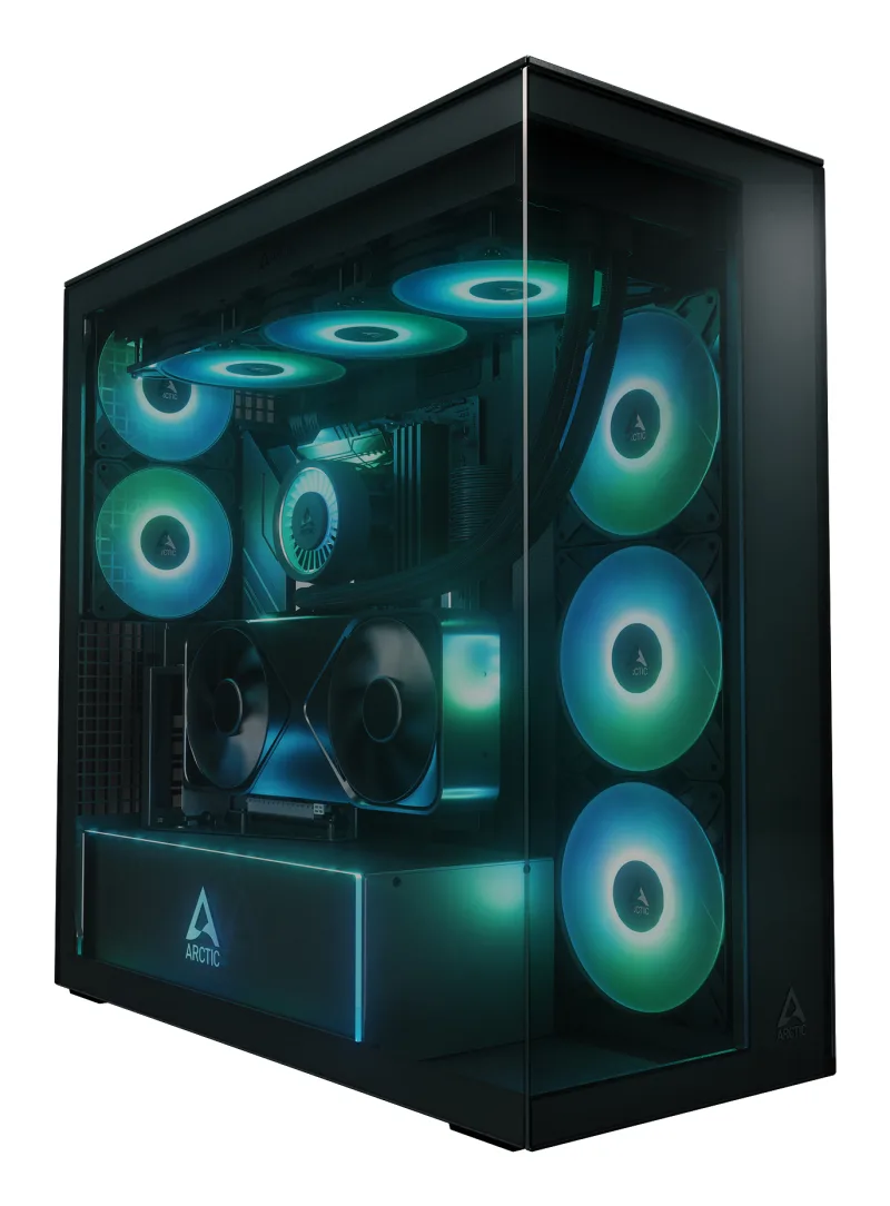 CARCASA Arctic "Xtender VG BK", mid tower, max 8xfan, 3x P14 Pro R A-RGB si 2x P12 Pro A-RGB instalate, shroud 24 LED ARGB, USB-C x 1, USB 3.2 x 2, audio+mic, 7 sloturi exp, GPU vertical, riser PCIe 4.0, negru, "ACPCC00016A" (timbru verde 0.4lei)