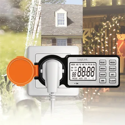 PRELUNGITOR LOGILINK, Schuko x 1, 230 V/16 A, 50 Hz, max. 3500 W, timer, LCD, 8 butoane operare, IP44, de exterior, negru-portocaliu, "ET0016" (timbru verde 0.18 lei)