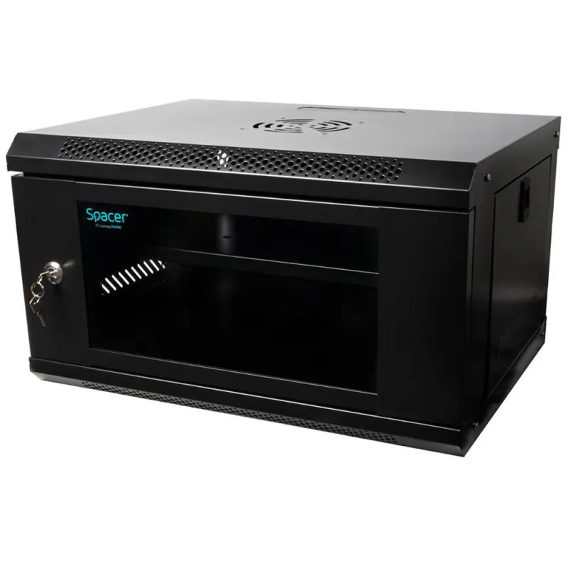 CABINET 19″ SPACER 6U 500x400mm, fixare pe perete, Flatpack (dezasamblat), Black, usa sticla cu blocare, panouri detasabile, otel 1mm, sarcina maxima 25Kg