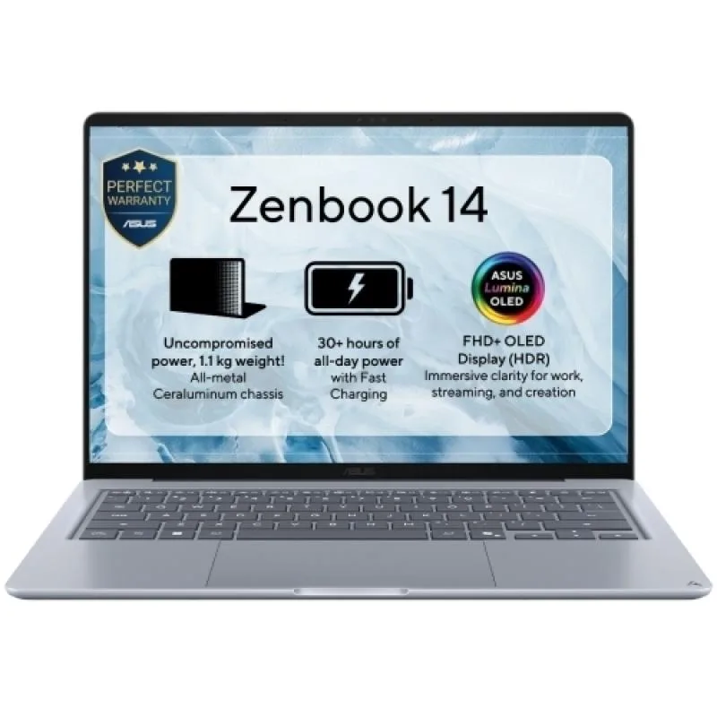 Laptop ASUS Zenbook 14, UX3480AA-U2382X, ecran 14.0-inch, FHD (1920 x 1200) OLED 16:10 aspect ratio, LED Backlit, 60Hz, 300nits,Anti-glare and low-reflection(AGLR) display, procesor Intel® Core™ Ultra 7 Processor 355 2.3 GHz (12MB Cache, up to 4.7 GHz,