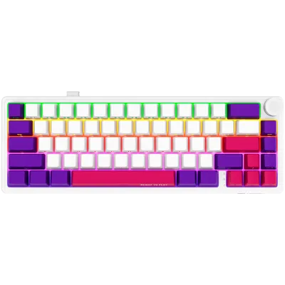 Wireless mechanical gaming keyboard Pro, 2.4 GHz, BT, RGB Backlight, 16 modes, 66 keys, 50M presses, multimedia knob, built-in 3750 mAh battery, Hot Swap,cable 2.3m, white red purple "LRG-KBP70MW-WH-US" (timbru verde 0.8 lei)