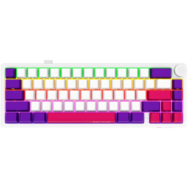 Wireless mechanical gaming keyboard Pro, 2.4 GHz, BT, RGB Backlight, 16 modes, 66 keys, 50M presses, multimedia knob, built-in 3750 mAh battery, Hot Swap,cable 2.3m, white red purple "LRG-KBP70MW-WH-US" (timbru verde 0.8 lei)