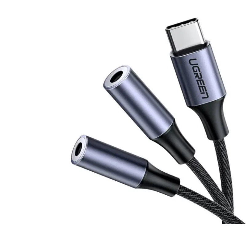 CABLU audio Ugreen, "AV144" USB Type-C (T) la 2 x 3.5 mm jack (M), 0.20 m, argintiu "30732" (timbru verde 0.18 lei) - 6957303837328