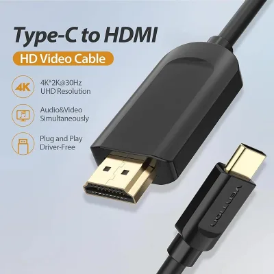 Cablu video Vention, USB Type-C(T) la HDMI(T), 1.5m, rezolutie maxima 4K la 30Hz, conectori auriti, cupru, invelis PVC, negru, "CGUBG" (timbru verde 0.18lei) - 6922794742062