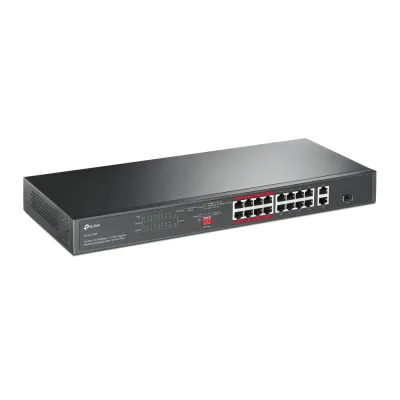 SWITCH TP-LINK  16 porturi, 16× PoE+ 10/100 Mbps RJ45, 2× Gigabit RJ45,1 x combo Gigabit SFP slot, carcasa metal "TL-SL1218P" (timbru verde 2 lei)