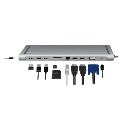 DOCKING Station LOGILINK universal, conectare PC USB TYPE-C 3.2, USB 3.0 x 3, porturi video VGA x 1, HDMI x 2, RJ-45, card reader, PD 3.0 pana la 100W, argintiu, "UA0373" (timbru verde 0.18 lei)