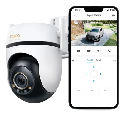 CAMERA IP Exterior TP-LINK, 3K QHD 2880×1620, rotatie pana la 360 grade, IP66, dist. IR 30 m, lentila fixa 3.2mm, 5 Mpx, RJ-45+wireless, mic, plastic, slot SD card, "Tapo C530WS" (timbru verde 0.8 lei)