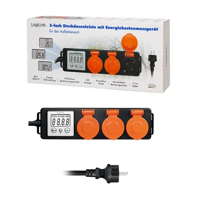 PRELUNGITOR LOGILINK, Schuko x 3, cablu 3G 1.5mm2, 230 V/16 A, 50 Hz, max. 3500 W, contor cost energetic, LCD, 3 butoane operare, IP44, de exterior, 1.4m, negru-portocaliu, "EM0008" (timbru verde 0.8 lei)